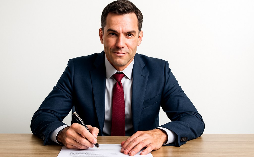A businessman signing papers.