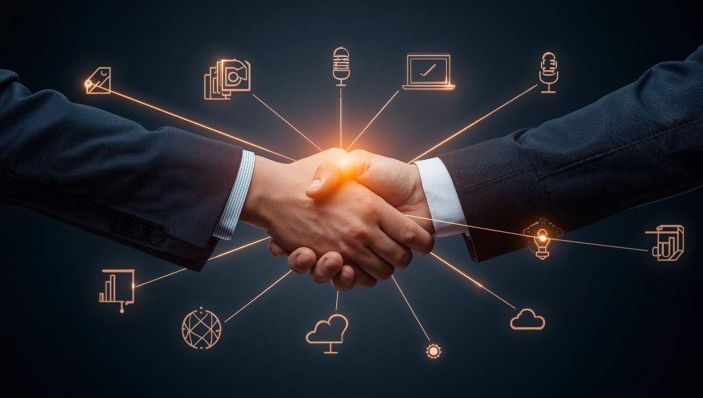 A businessperson shaking hands with a journalist.