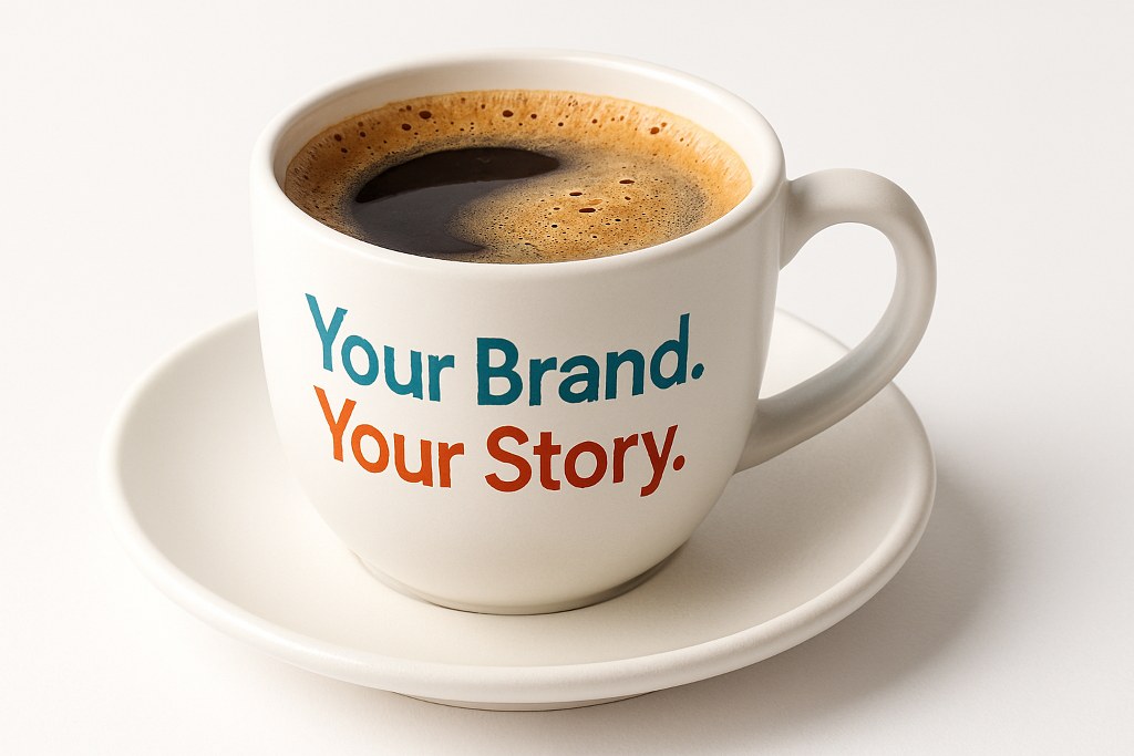A coffee cup with the phrase: “Your Brand. Your Story.”