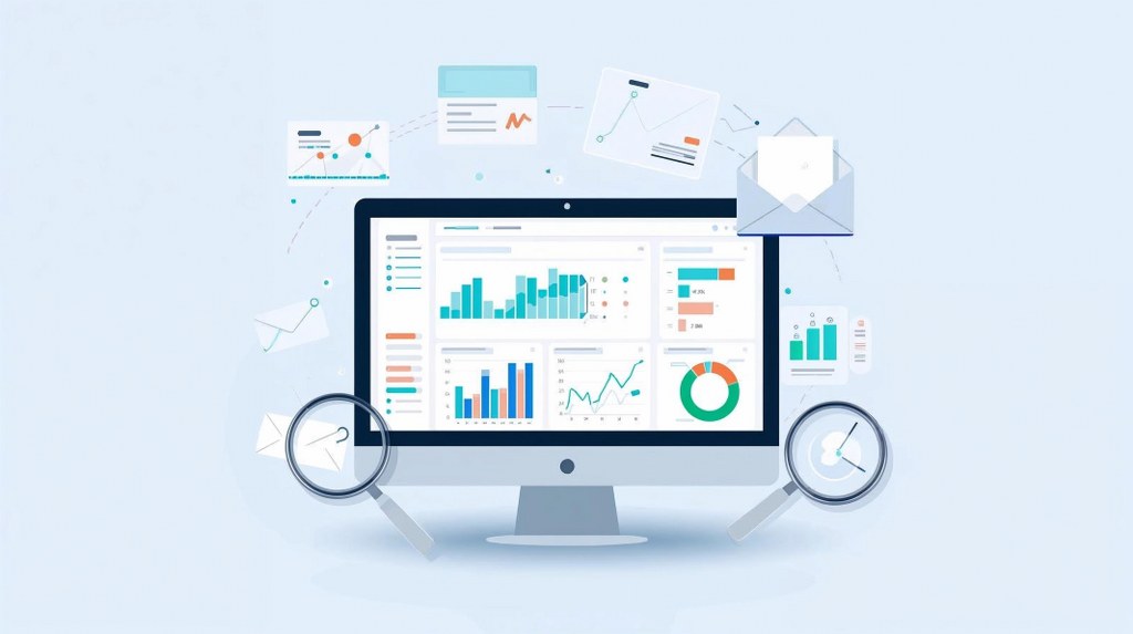 A computer or tablet screen displays graphs, charts, and analytics dashboards with metrics.