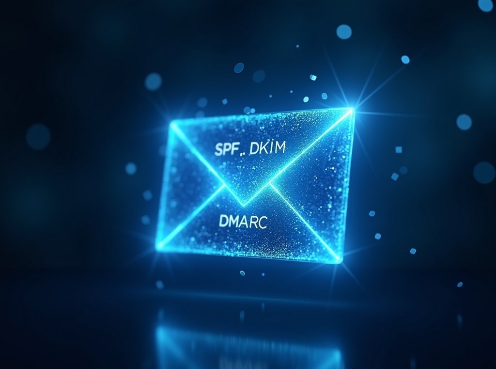A conceptual image shows a glowing digital shield with SPF, DKIM, and DMARC protecting an email, symbolizing authentication.