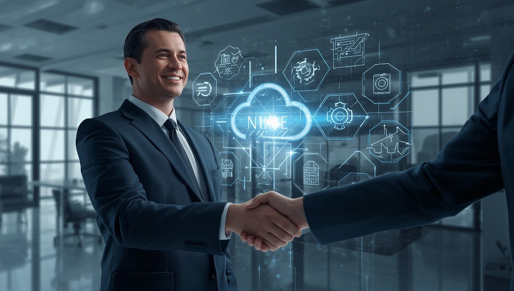 A confident CTO in a suit shaking hands with another executive.