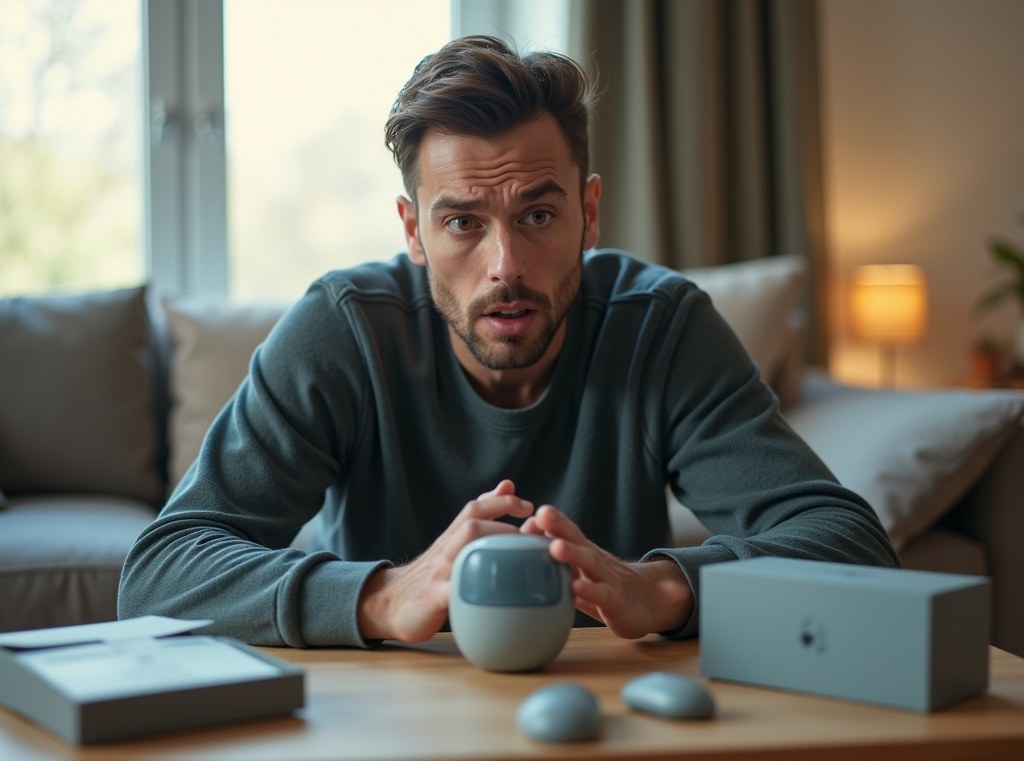 A confused person looks at a newly unboxed gadget that fails to solve any clear problem for them.