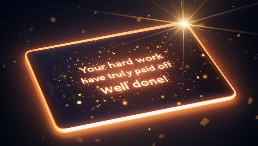 A congratulatory message displayed on tablet screen.