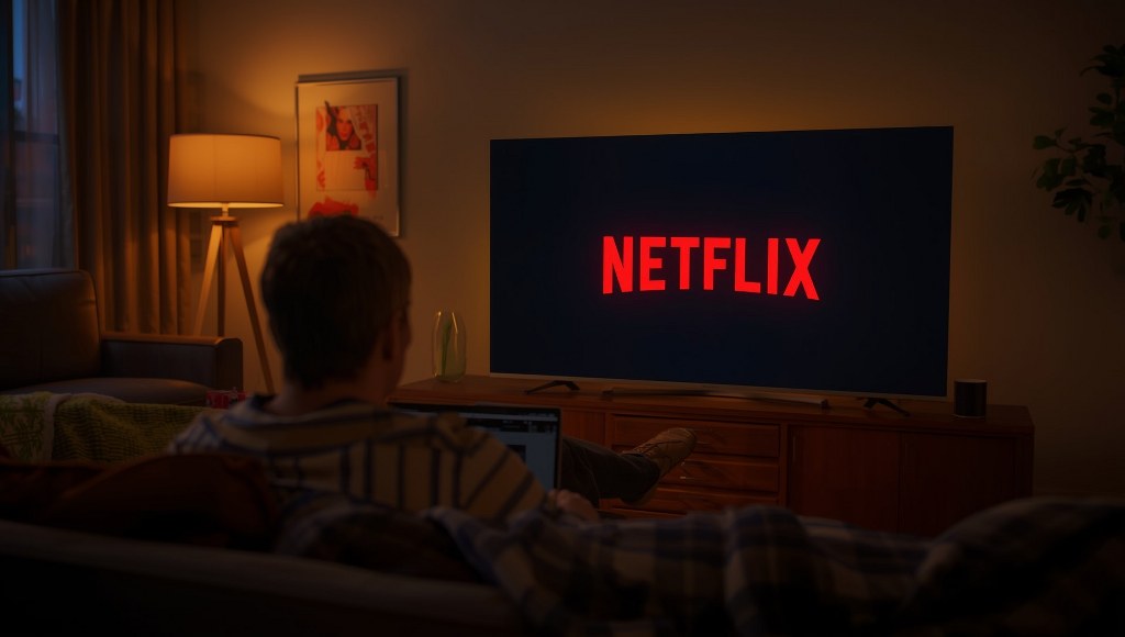 A cozy scene of a person watching Netflix on a large TV.