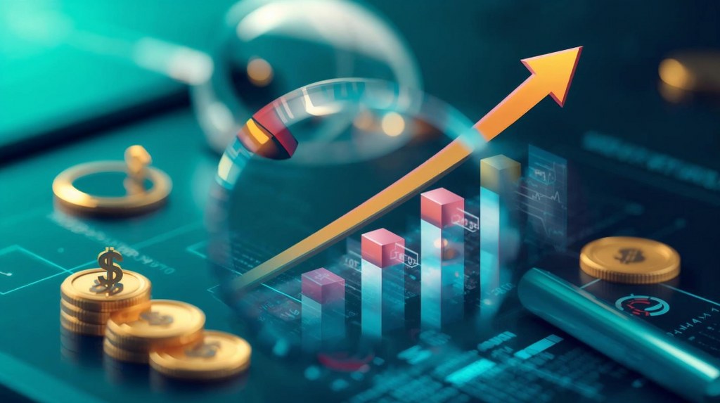 A digital dashboard shows charts, graphs and arrows pointing upward to symbolize growth.