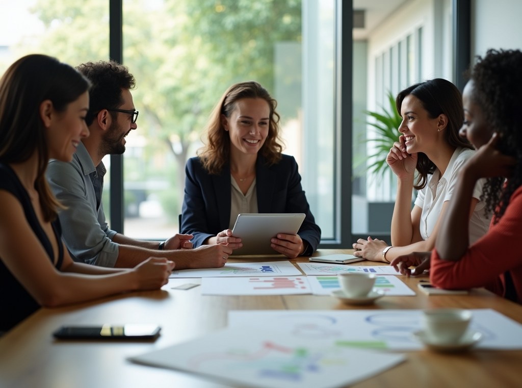 A diverse group of people in a bright room participating in a market research focus group.