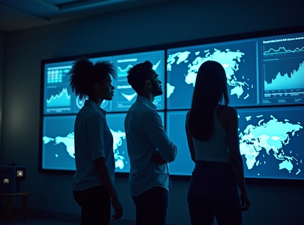 A diverse team in a dark room monitors real-time sales and traffic data on large screens during a product launch.