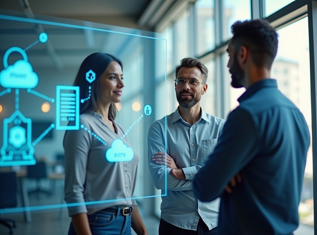 A diverse team of IT professionals discusses a hybrid cloud diagram on a transparent screen.