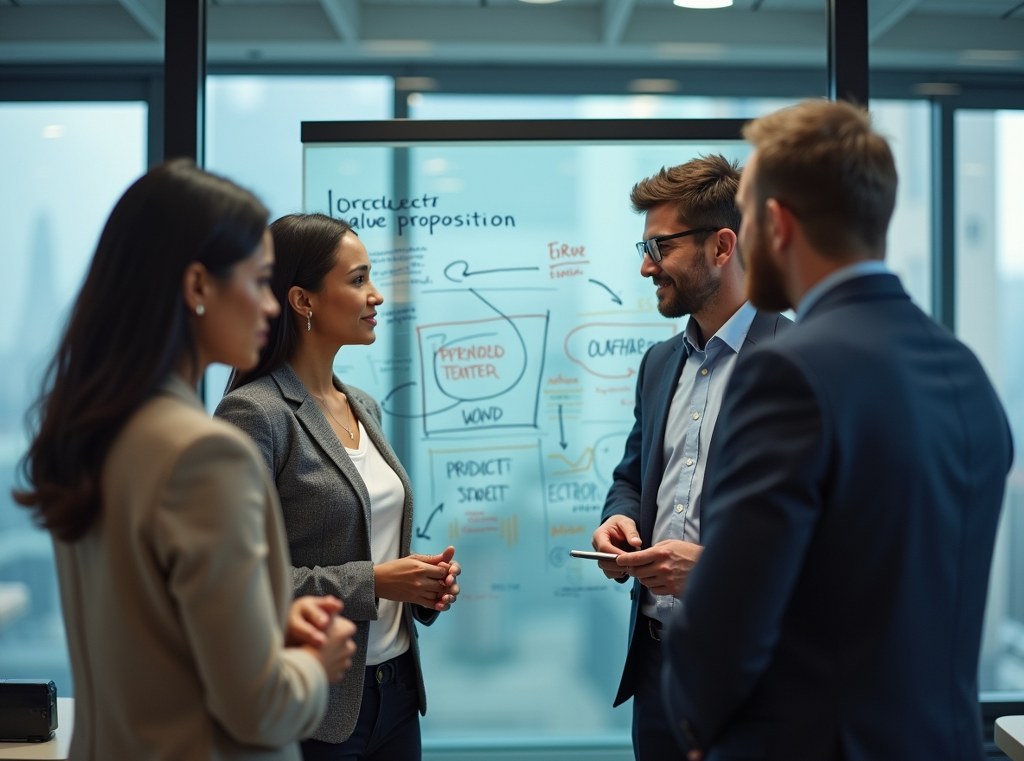 A diverse team of colleagues collaborating on a value proposition on a large glass whiteboard in an office.