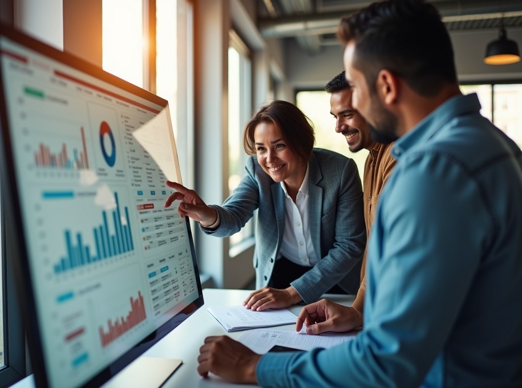 A diverse team of marketing professionals collaborates around a large screen displaying a KPI dashboard to measure success.