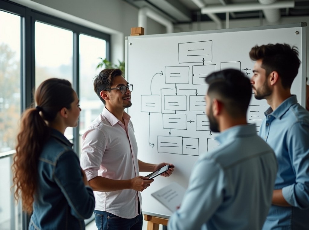 A diverse team of web developers planning a website's sitemap architecture on a whiteboard.