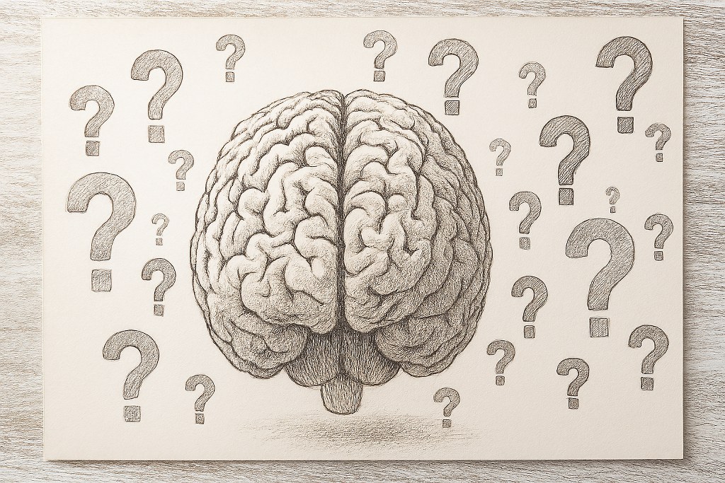 A drawing of the brain surrounded by question marks.