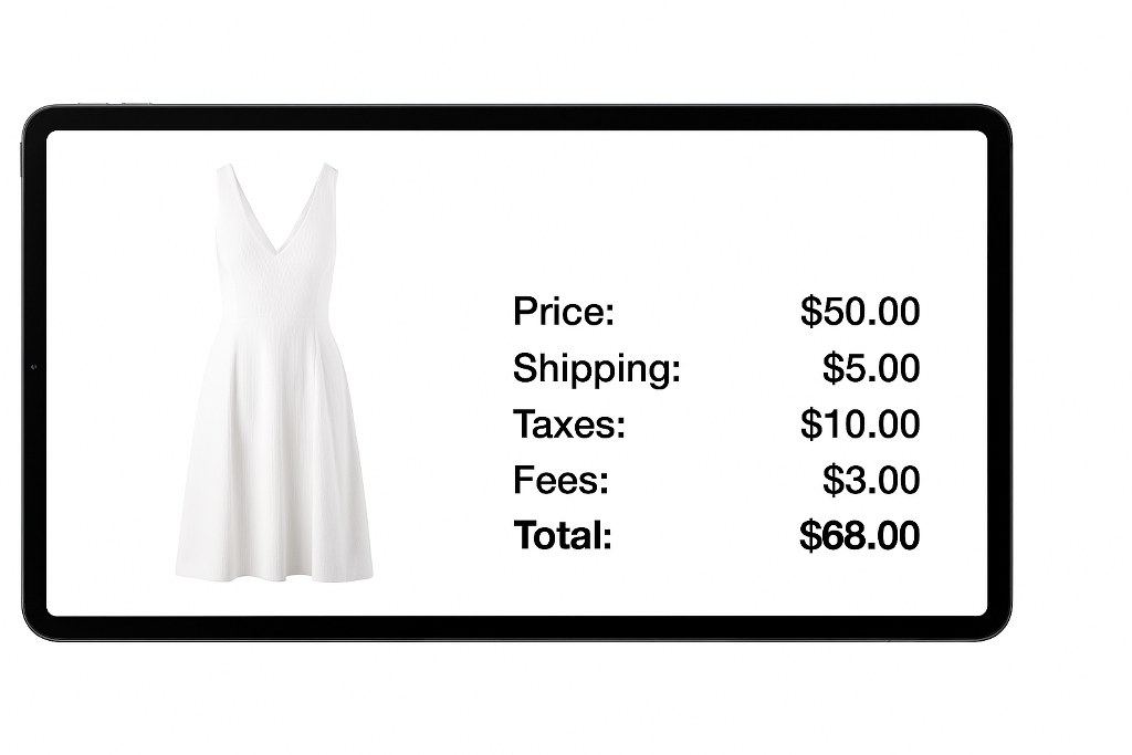 A dress being sold on a website with all fees and taxes listed.