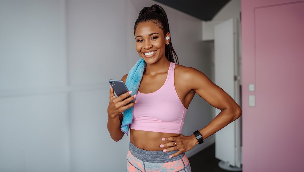 A fitness content creator is standing in a modern gym.