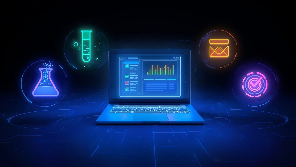 A futuristic digital workspace with a glowing laptop screen