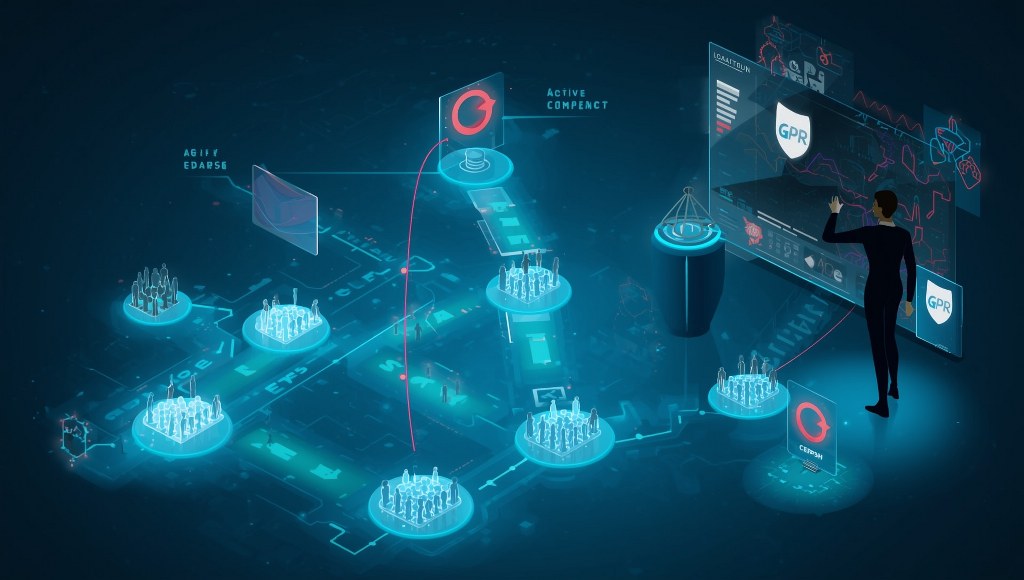 A glowing digital map representing the customer journey, with multiple branching paths leading to different groups of subscriber icons.