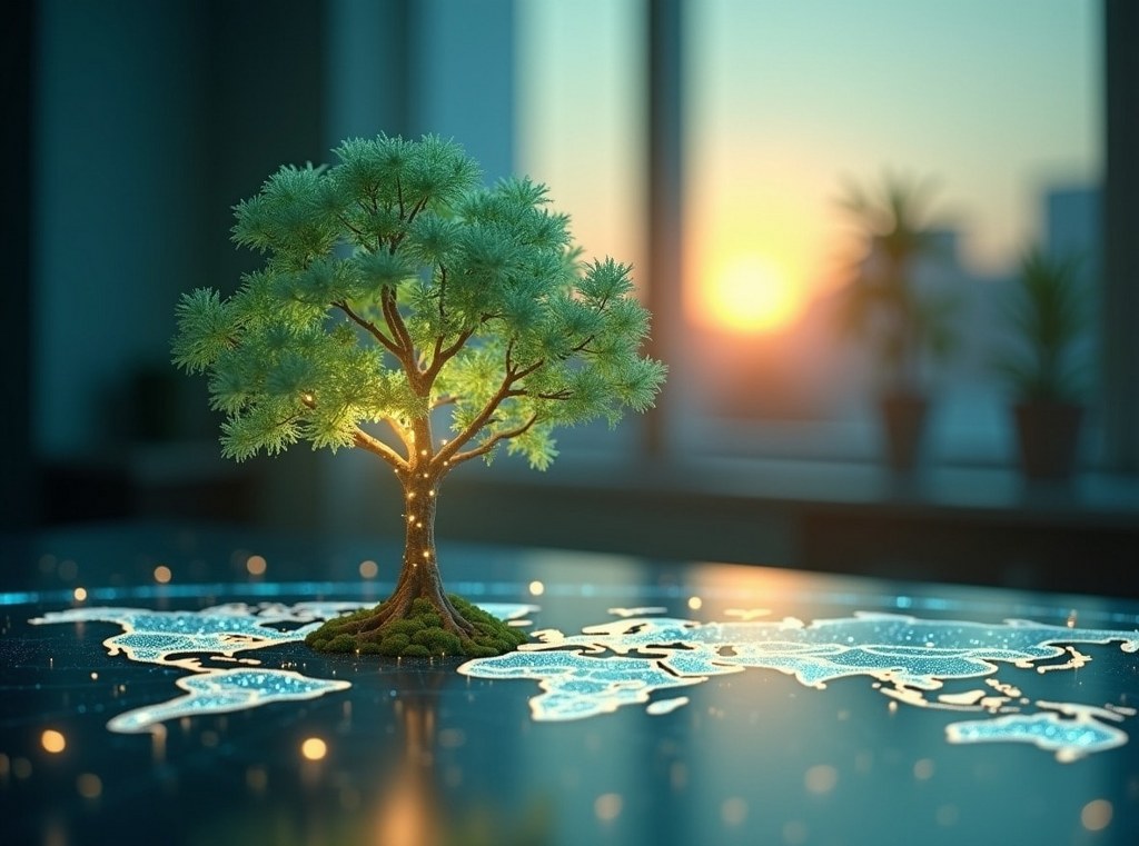 A glowing digital tree representing global scalability grows over a holographic world map.