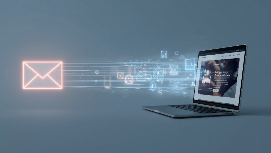 A glowing email envelope on one side of the scene, sending out streams of bright digital light that connect directly into a sleek professional website displayed on a laptop screen.