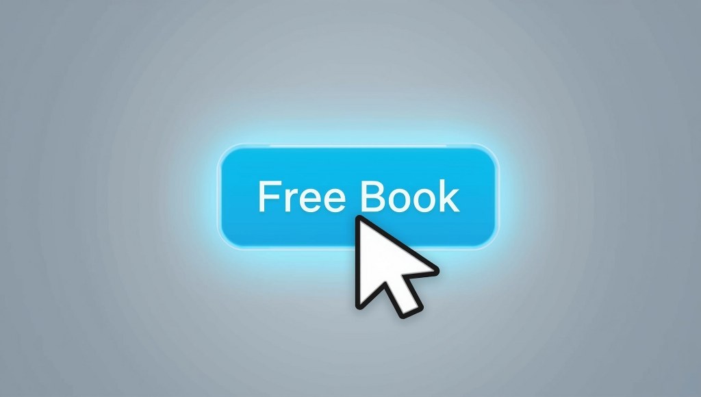 A hand cursor with a white arrowhead clicking a glowing bright blue Free Book button.