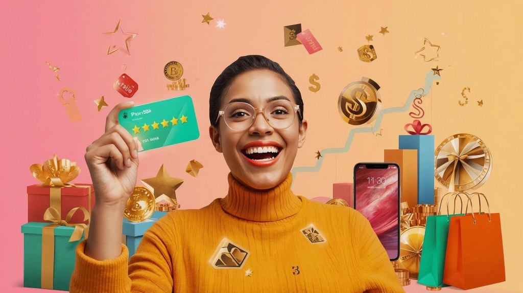 A happy customer holds a loyalty card or mobile app screen showing points or stars.
