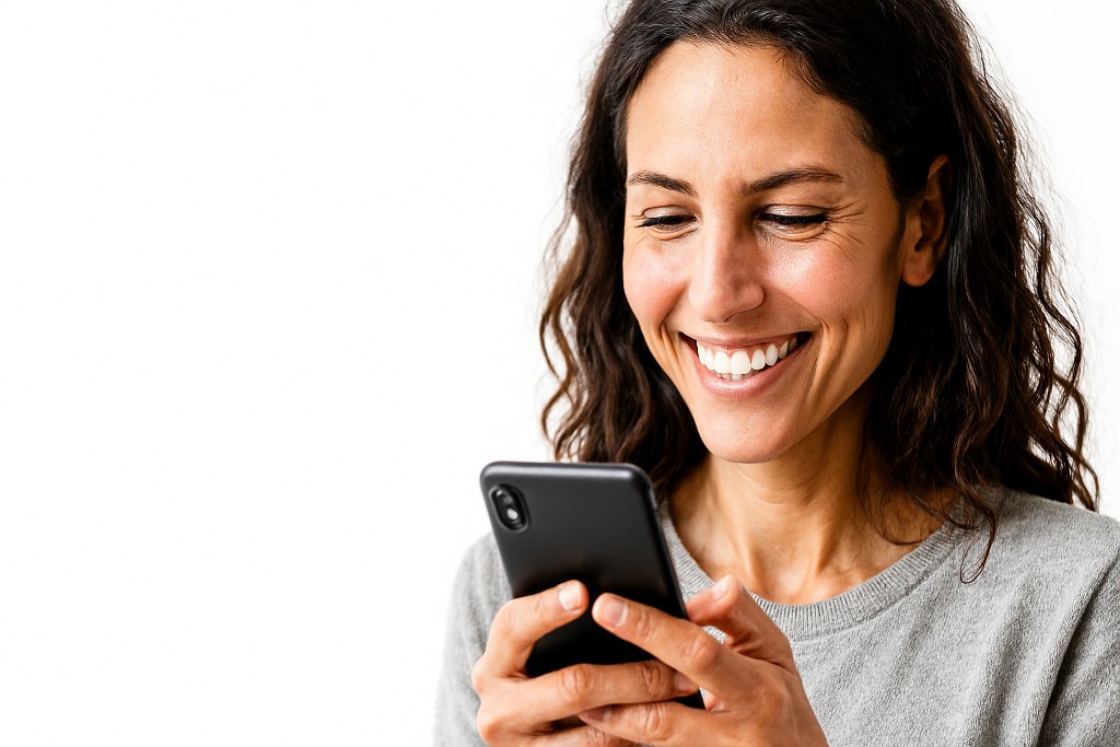 A happy customer scrolling her phone.