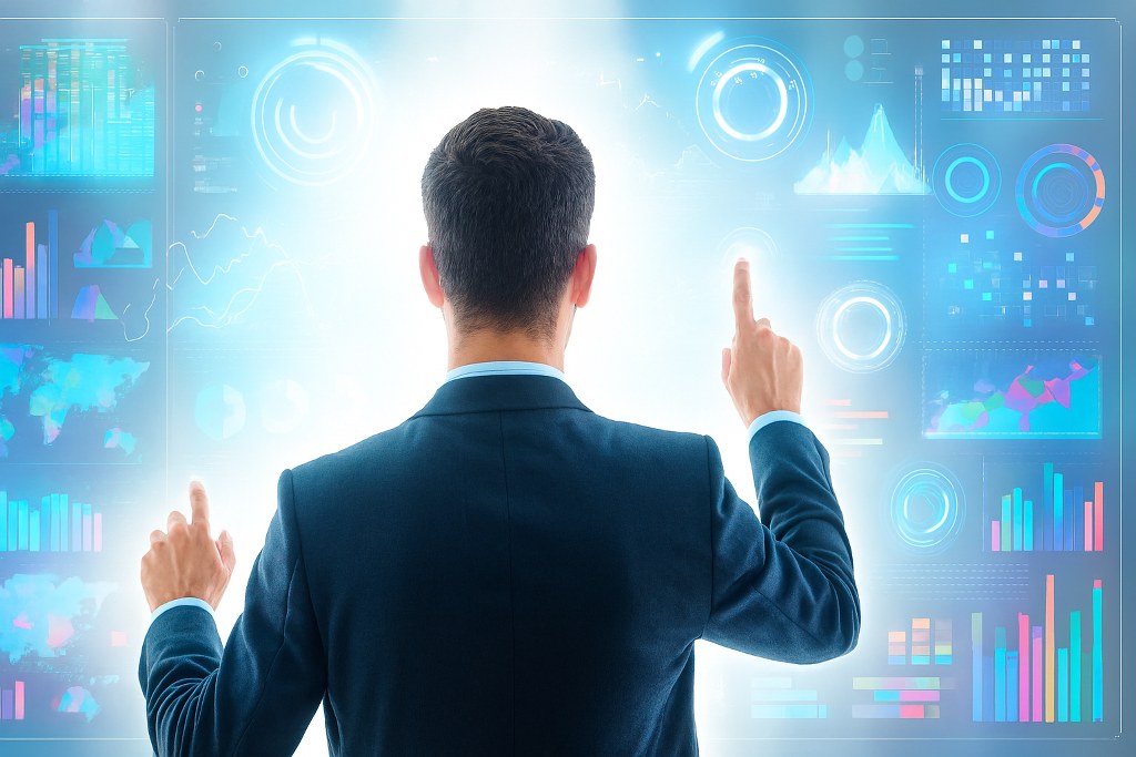 A man standing infront of a holographic screen.