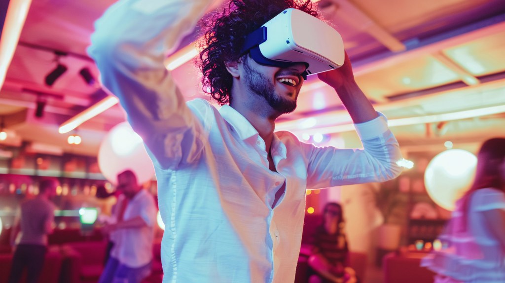 A man wearing the latest Virtual Reality headsets at a party.