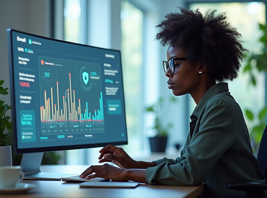 A marketing professional analyzes a futuristic dashboard displaying email marketing health metrics as a vital signs monitor.