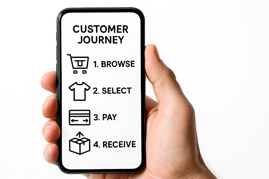 A mobile e-commerce journey on a mobile phone.