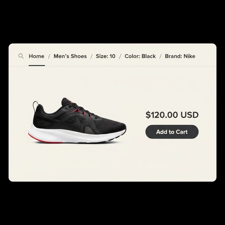 A modern e-commerce product page interface showing attribute-based breadcrumbs.