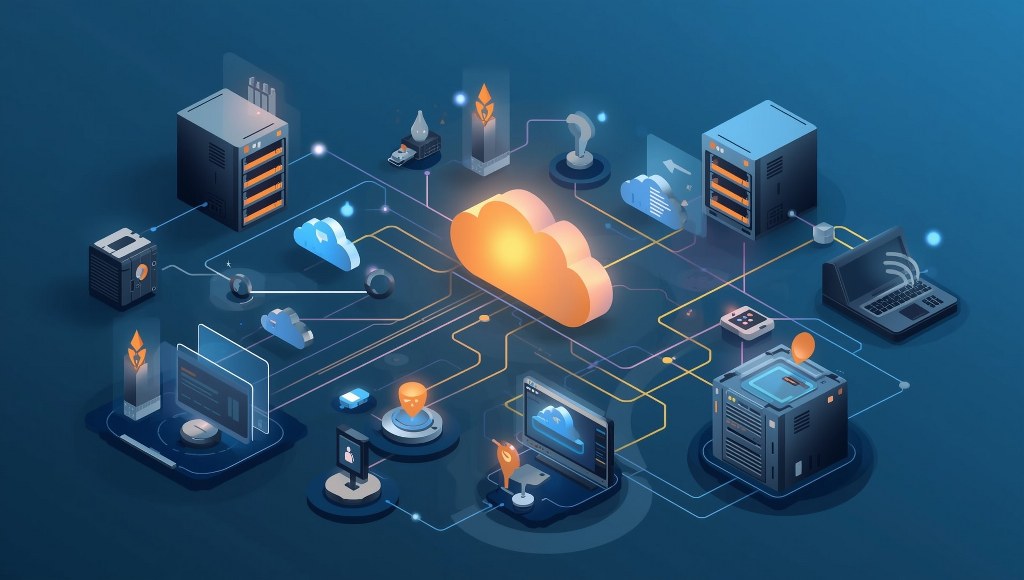 A modern flat-style illustration representing the concept of web hosting and cloud infrastructure.