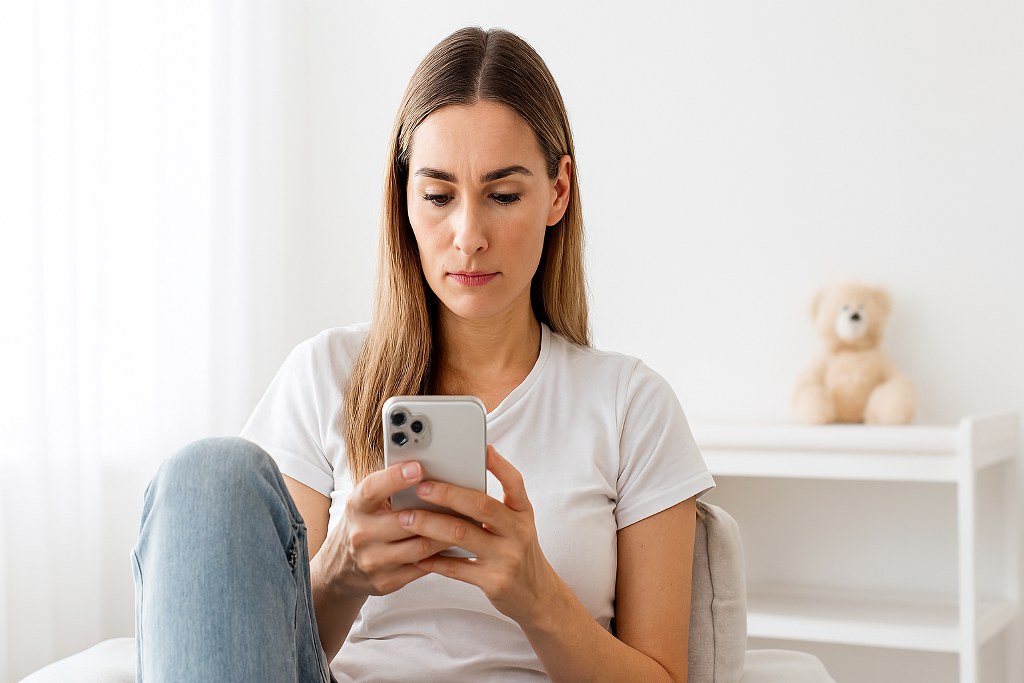 A mom scrolling her phone.