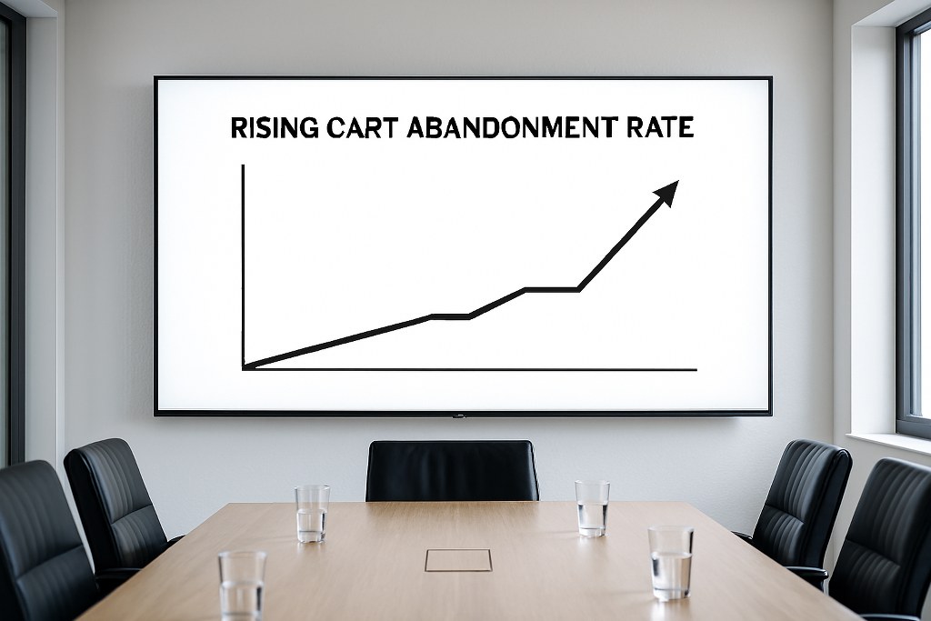 A monitor in a boardroom showing rising cart abandonment rates.