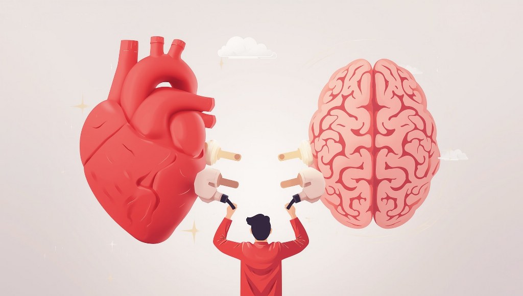 A person connecting a giant red heart and a pink brain with large plugs.
