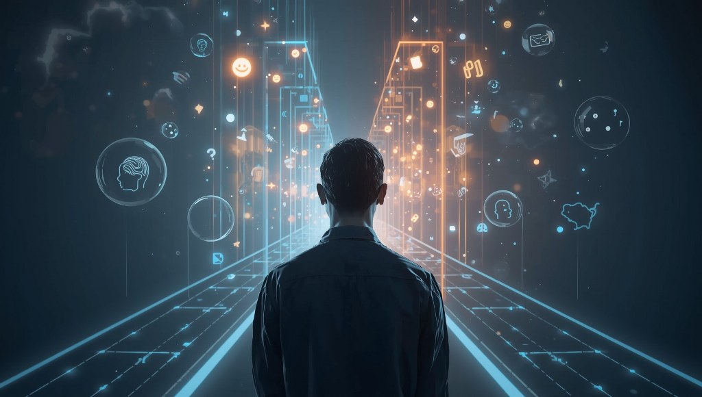 A person is standing in front of multiple holographic paths.
