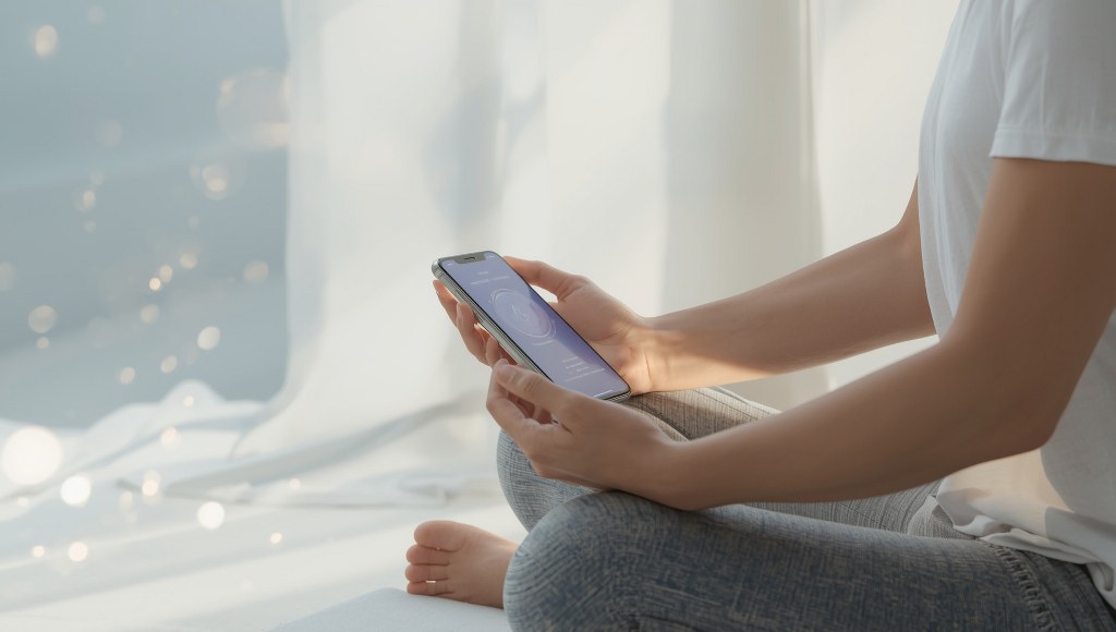 A person sitting peacefully in a relaxed meditation pose while holding a phone.