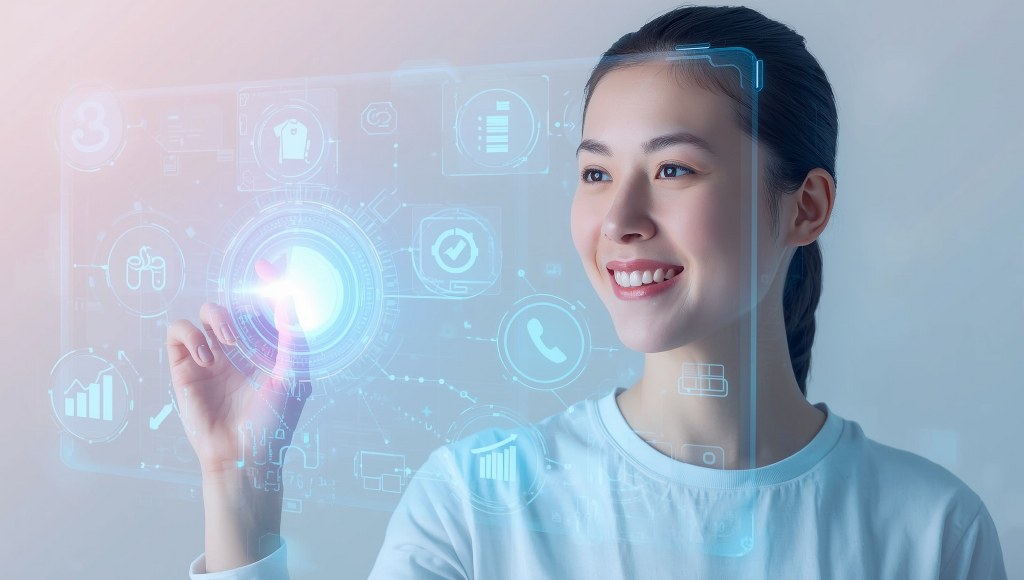 A person smiling while easily navigating a glowing holographic app interface.