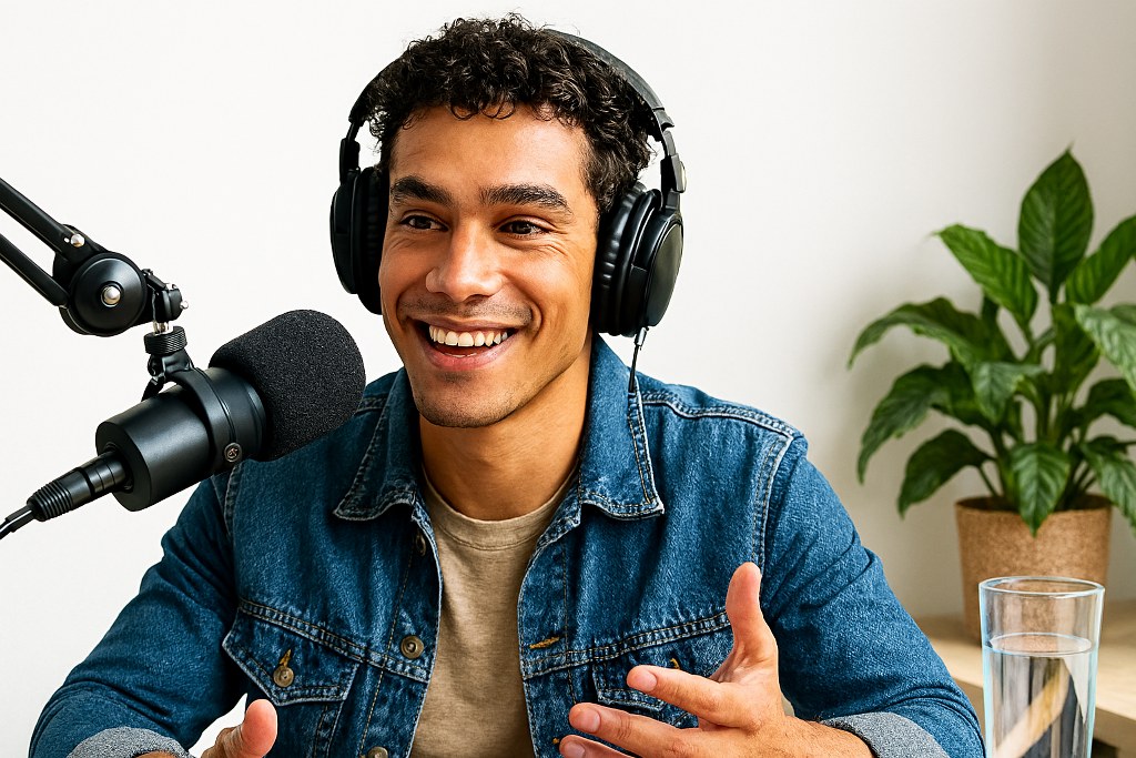 A person talking over a microphone in his video.
