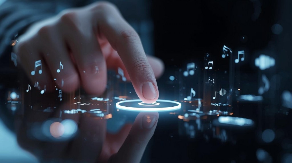 A person using computer, tapping a button, with vibrant audio waveforms.