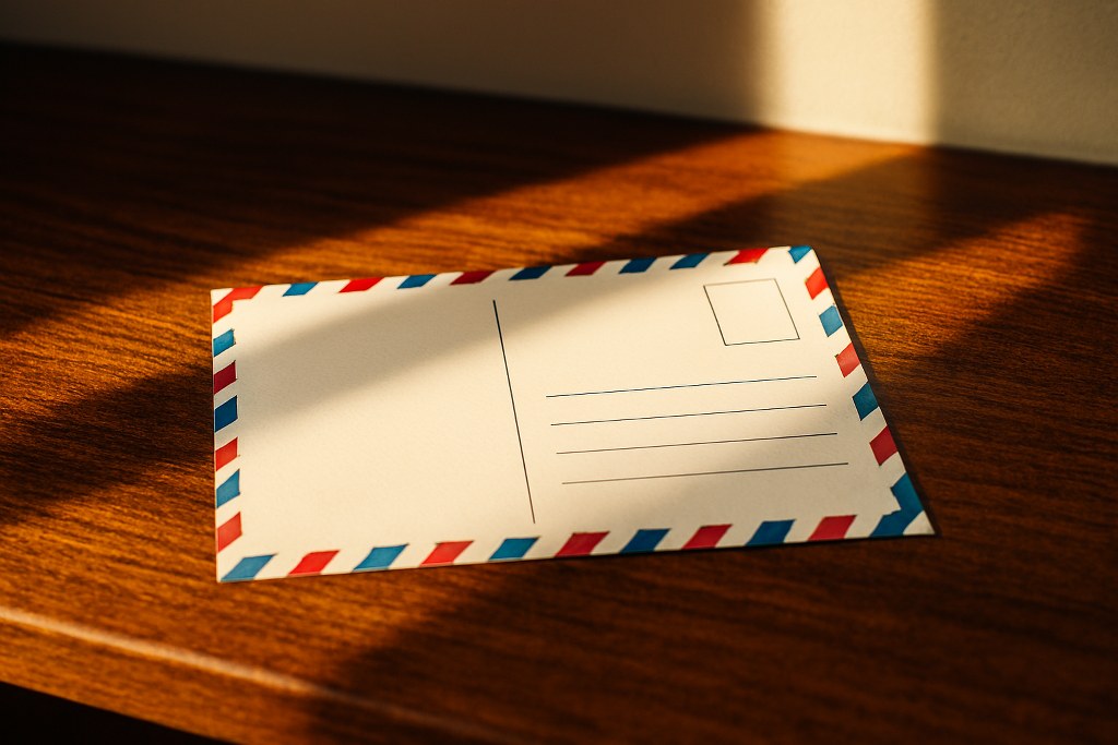 A postcard on a table.