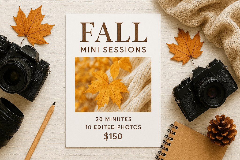 A poster showing offers for photography sessions.
