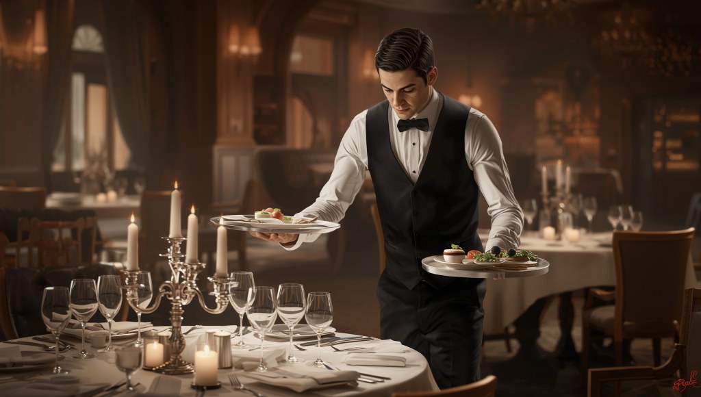 A refined waiter in a classy restaurant gracefully serving a multi-course meal.