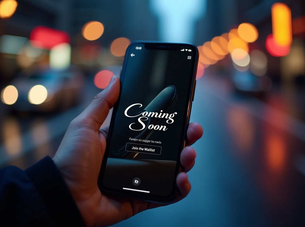 A smartphone screen displays a 'Coming Soon' social media ad for a new product, building anticipation.