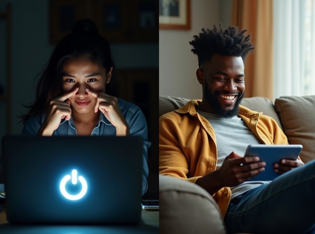 A split image contrasting a frustrated user with a slow website and a happy user with a fast website.
