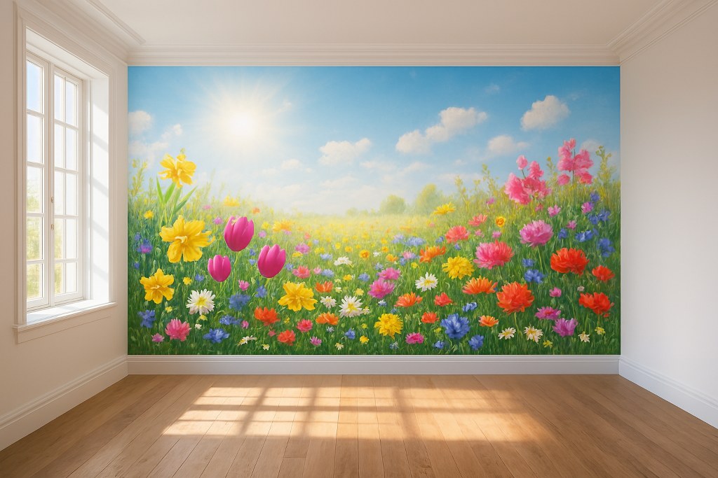 A spring-themed painting in a room.