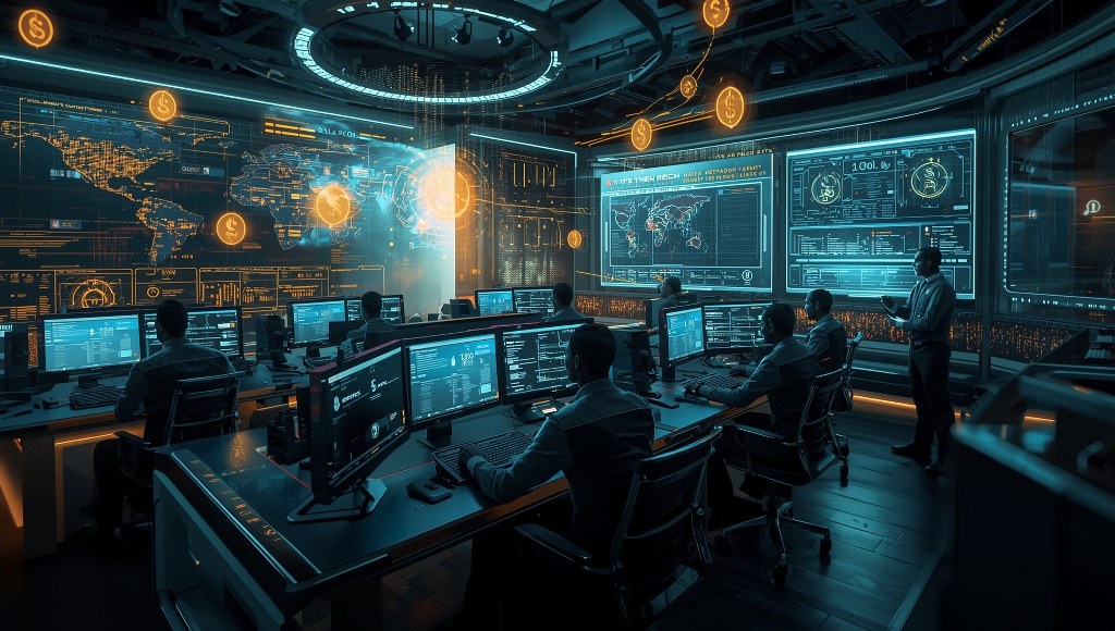 A team in a high-tech command center, surrounded by digital maps, holograms, and data screens.