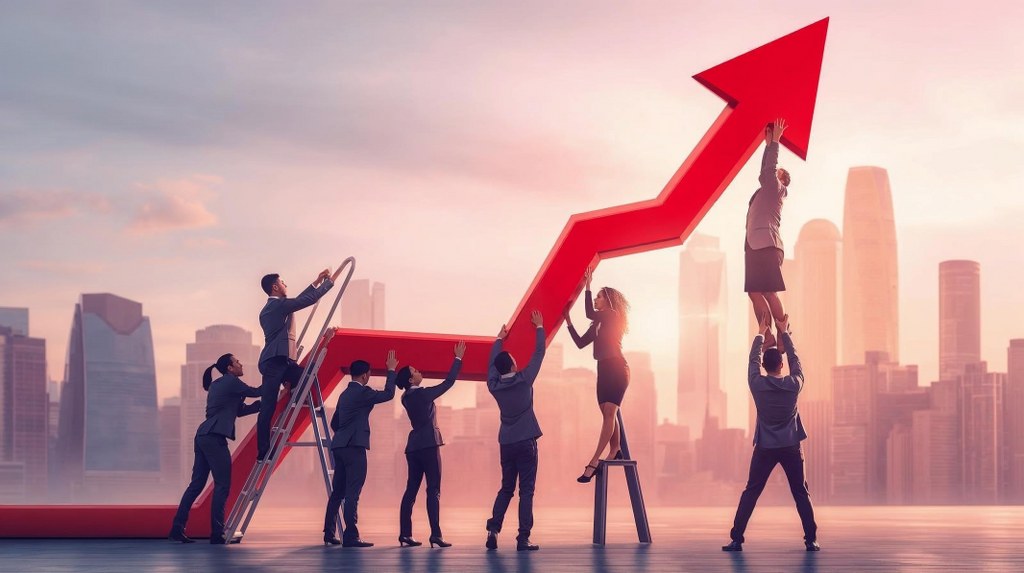 A team of professionals working together to lift a giant red arrow pointing upward.