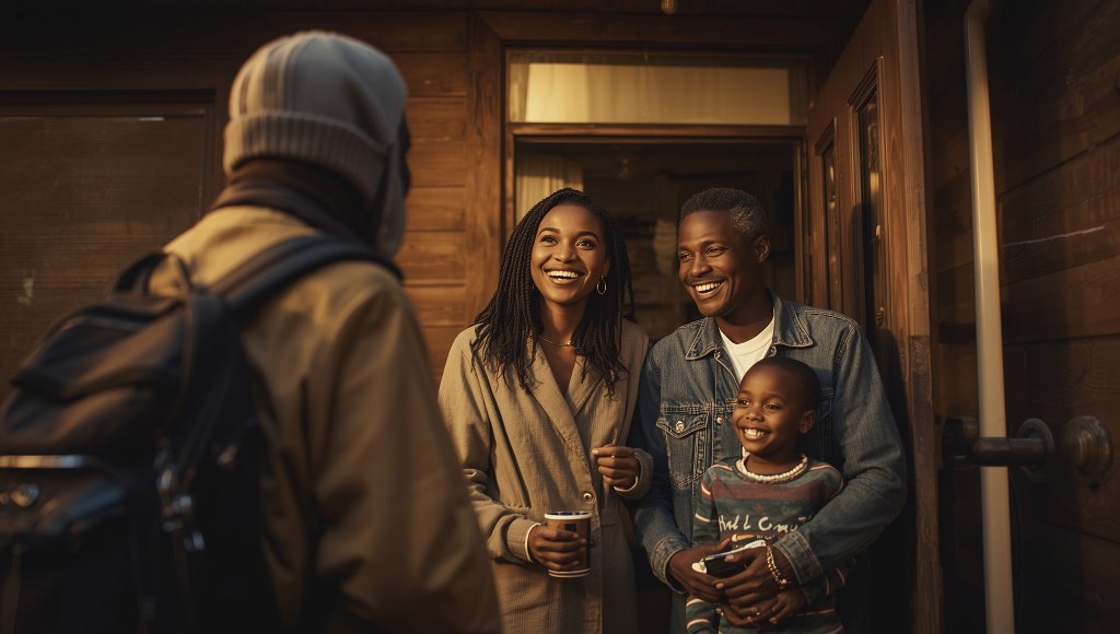 A traveler is warmly welcomed by a smiling local family outside a cozy home.
