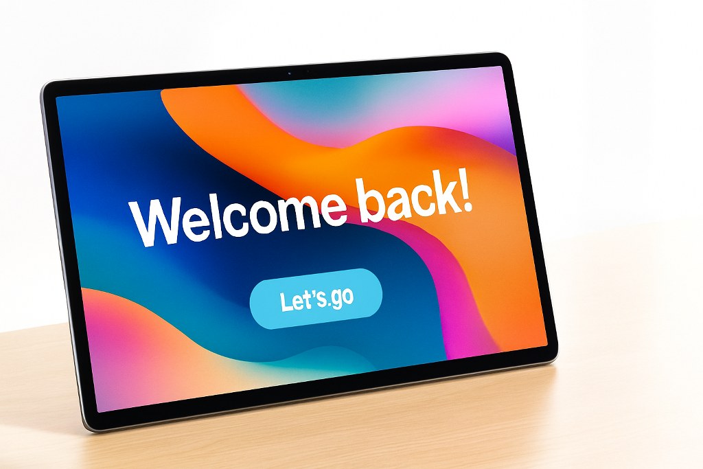 A welcome back message on a tablet indicating user retention.